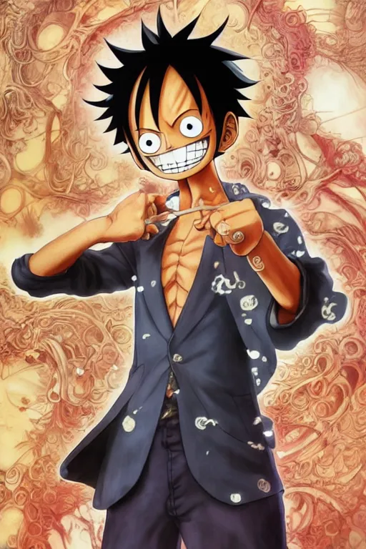 Prompt: Luffy from One Piece wearing a suit, cute, fantasy, intricate, elegant, highly detailed, digital painting, 4k, HDR, concept art, smooth, sharp focus, illustration, art by artgerm and H R Giger and alphonse mucha