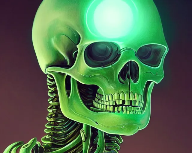 Image similar to portrait of a cybernetic skeleton, bottom up green lighting, deep focus, d & d, fantasy, intricate, elegant, highly detailed, digital painting, artstation, concept art, matte, sharp focus, illustration, hearthstone, art by artgerm and greg rutkowski and alphonse mucha