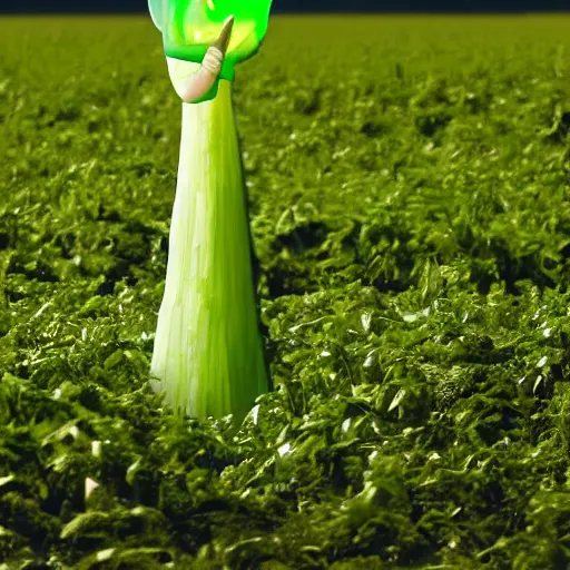 Prompt: a big giant made of vegetables standing in a field holding a large green candle above his head, photo realistic, realistic lighting, realistic reflections