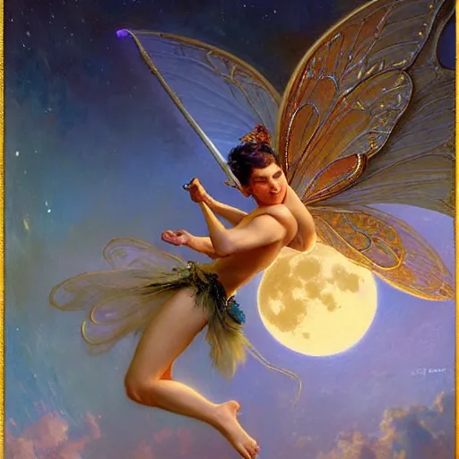 Image similar to attractive fairy magically floating high in the night, fantasy, full moon in background. highly detailed painting by gaston bussiere, craig mullins, j. c. leyendecker, sharp focus, 8 k