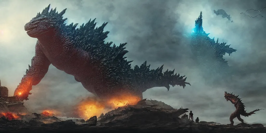 Prompt: Godzilla versus Mecha Godzilla, Monster Hunter Illustrations art book, giant, Moebius, Greg Rutkowski, Zabrocki, Karlkka, Jayison Devadas, Phuoc Quan, trending on Artstation, 8K, ultra wide angle, zenith view, pincushion lens effect.