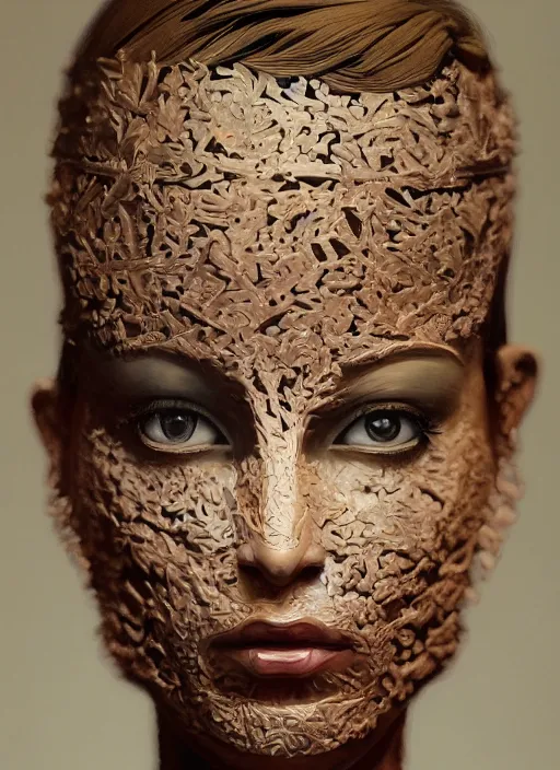 Image similar to sculpture made of wood, portrait, female, future, harper's bazaar, vogue, magazine, intricate, cinematic lighting, concept art, close up, ornate, luxury, elite, elegant, trending on artstation, by ruan jia, by Kenneth Willardt, by ross tran, by WLOP, by Andrei Riabovitchev,