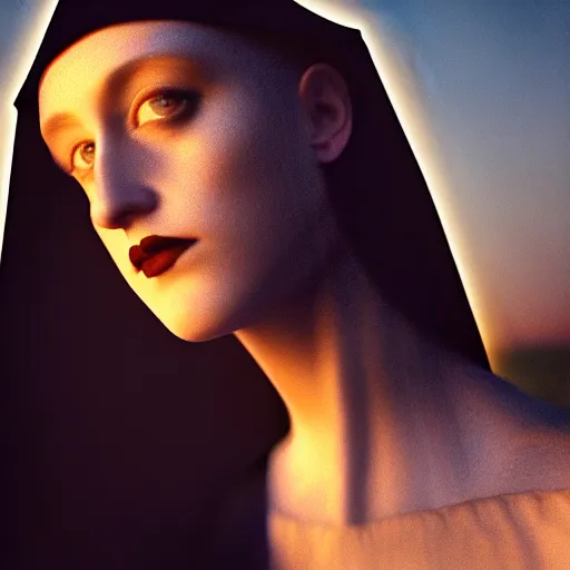 Image similar to photographic portrait of a stunningly beautiful goth nun female in soft dreamy light at sunset, contemporary fashion shoot, by edward robert hughes, annie leibovitz and steve mccurry, david lazar, jimmy nelsson, breathtaking, 8 k resolution, extremely detailed, beautiful, establishing shot, artistic, hyperrealistic, beautiful face, octane render