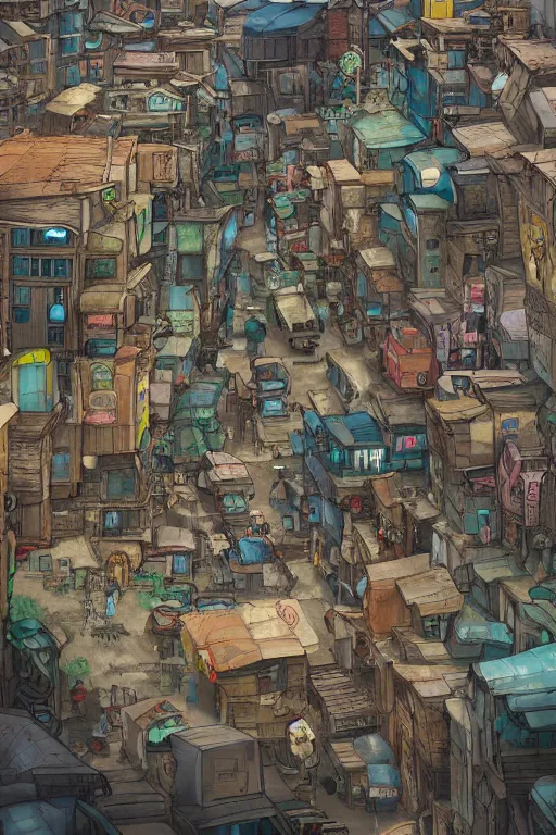 Prompt: Street Szene, scifi shanty town favela City Street with color full metal rooftops and wooden and concrete walls, intricate Details, illustration , in the style of Studio ghibli, tekkon kinkreet, akira, breath of the wild, myazaki, anime, clean render, denoise, rule of thirds