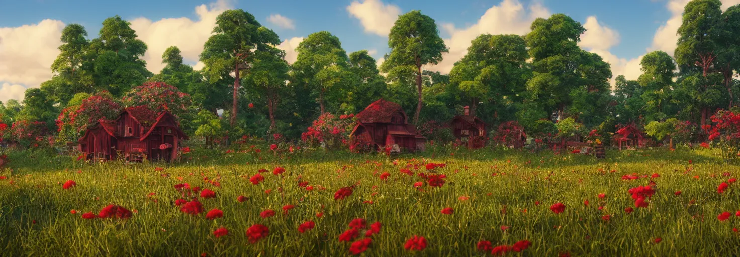 Image similar to crimson - black beehive, large bee hive, in a beautiful forest meadow village landscape, flowers, happy trees, photorealistic, octane render, rtx, hdr, unreal engine, digital art widescreen 8 k, studio ghibli, bob ross, pixar, bee movie, disney