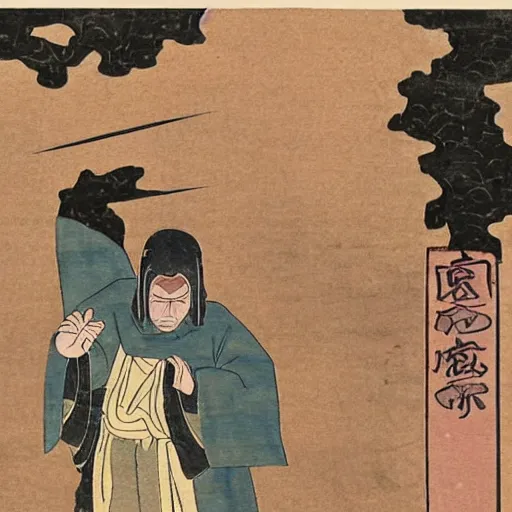 Image similar to ancient japanese watercolour of a darth sidious shooting lightning from his fingers at luke skywalker. Luke Skywalker is writhing on the ground in agony and begging darth vader to help.