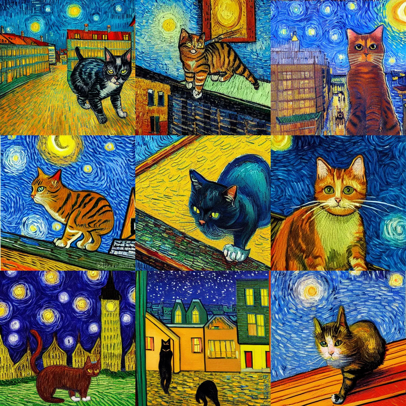 Prompt: a painting of a cat walking on a building roof in the city at midnight in the style of van gogh, high quality, post impressionism, detailed