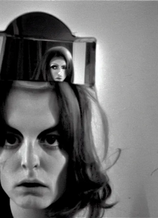 Prompt: a film still from a 1971 an Italian experimental independent comedy film of a slender 18 year old model alluring telenovela actress with bipolar disorder looking at the camera from across multiple alternating mirrors while in a swirling alternate reality. dark shadows under her tired eyes. soft detailed film still at 16K resolution and amazingly epic visuals. epically beautiful image. amazing lighting effect, image looks gorgeously crisp as far as it's visual fidelity goes, absolutely outstanding image. perfect film clarity. ultra image detail. iridescent image lighting. mind-breaking atmosphere. mega-beautiful pencil image shadowing. beautifully serene face. Ultra High Definition image. soft image shading. soft image texture. intensely beautiful image.