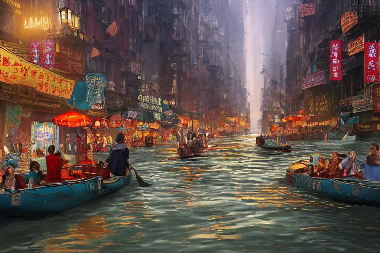 Prompt: a far-future flooded Manhattan Chinatown during a festival at dusk, with paper lanterns, banners, glowing windows, and canal streets with people in gondolas and other boats floating by, sparkling water, low angle, wide angle, beautiful, warm dynamic lighting, atmospheric, cinematic, highly detailed digital art, painted by Tyler Edlin