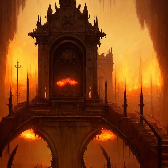 Image similar to huge gate, environment, illustration, fire, smoky, colors, epic scene, fantasy art by greg rutkowski, symmetrical, golden raito, high quality, intricate details, details, intricate, atmosphere, highly detailed, matte painting, cinematic, deviantart, realistic, concept art, 4 k