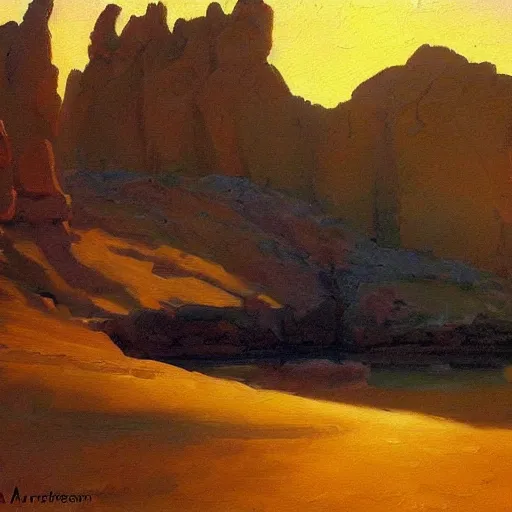 Prompt: a painting of desert oasis by alexandr averin, dramatic lighting