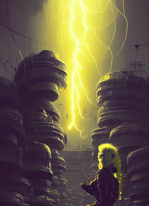 Image similar to highly detailed portrait of wasteland punk long curly bright yellow and white plasma electricity hair tribal lady, stray electric spark wiring by atey ghailan, james gilleard, by joe fenton, by greg rutkowski, by greg tocchini, by kaethe butcher, 4 k resolution, gradient yellow, black and white color scheme!!! ( ( lightning cloudy robotic dystopian city background ) )