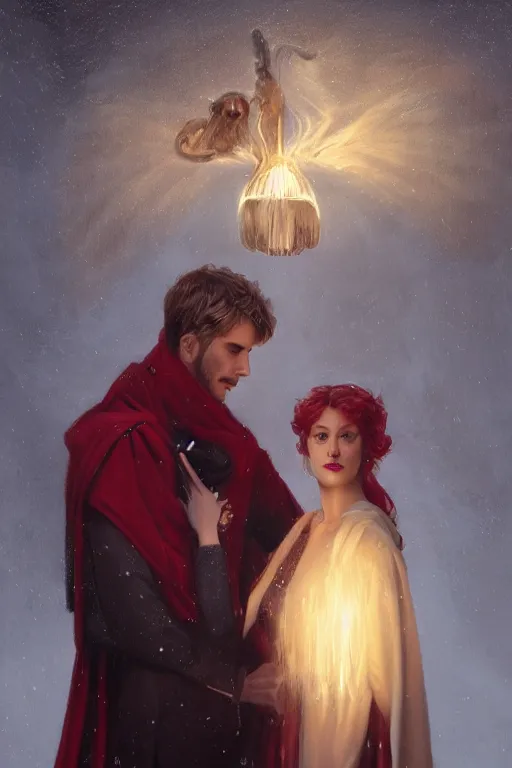 Image similar to a portrait of handsome young male nordic Satan wearing a halo of light and his elegant beautiful nordic witch wife dressed in red, bored, illustration, dramatic lighting, soft details, painting oil on canvas, art nouveau, octane render, HDR, 4k, 8k, HD, by Edmund Blair Leighton, Brom, Charlie Bowater, trending on artstation, faces by Tom Bagshaw, Sargent