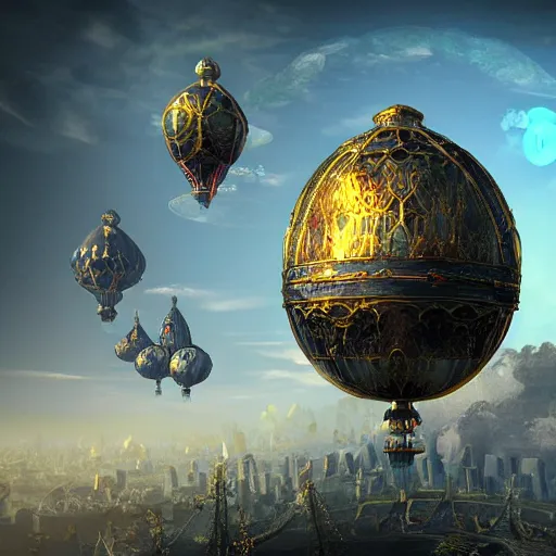 Image similar to enormous flying city in a faberge egg, sky, steampunk, fantasy art, unreal engine