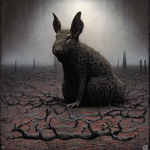 Image similar to agouti beksinski, eldritch, apocalypse, creepy creature, horror spooky