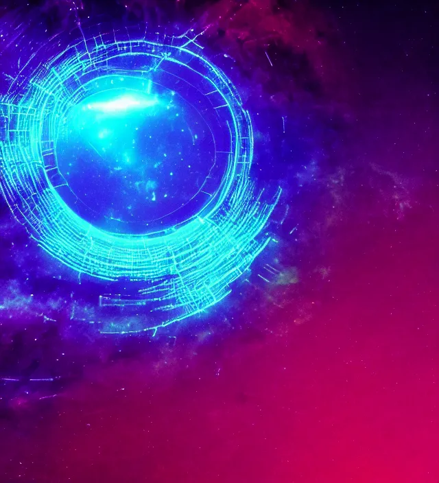 Prompt: a wormhole wireframe in the middle of a nebula, dark synthwave, aesthetic mood, vintage, sci - fi, 4 k