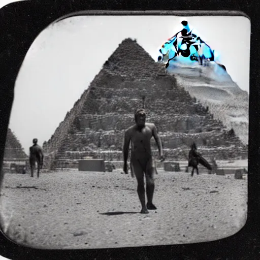 Image similar to tintype photo, underwater, Bigfoot walking in front of the pyramids