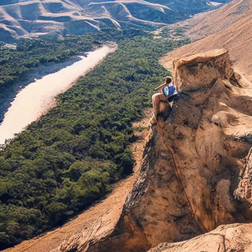 Prompt: man sitting on top peak mountain cliff looking at huge sand tornado