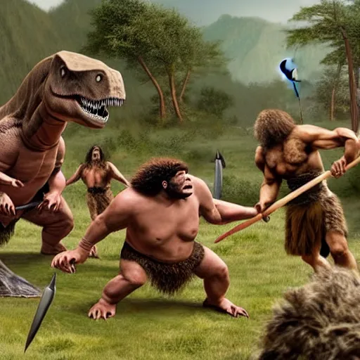 Image similar to A large dinosaur! fighting with several realistic detailed cavemen with proportioned bodies, next to the dinosaur are cavemen, the cavemen are armed with spears, the caveman are in a fighting stance, the cavemen are wearing animal furs, one caveman is stabbing the dinosaur with his spear, one caveman is cowering in fear, coarse canvas, visible brushstrokes, intricate, extremely detailed painting by William Turner (and by Greg Rutkowski)