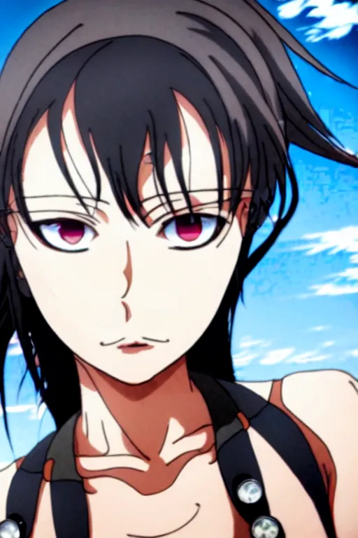Prompt: style of madhouse anime, rei hiroe, revy from black lagoon, symmetrical eyes and symmetrical face, jean shorts, white tank top, on a boat, smirk on face, evening