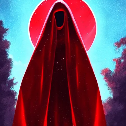 Image similar to a red cloaked being with a face of the stars sits looking at the camera, the scenery is beautiful and eerie, artstation, artistic, stylized