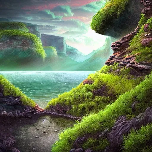 Image similar to digital art of a lush natural scene on an alien planet by dan volbert. beautiful landscape. weird vegetation. cliffs and water.
