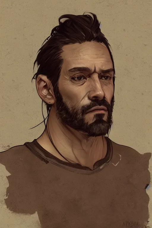 Prompt: very detailed portrait of a rugged man in his mid thirties, strong jaws, latino features, wearing a black t - shirt, earthy color scheme, by wlop and krenz cushart and artem demura and alphonse mucha and artgerm, historical fiction, detailed eyes, starry background, trending, on artstation.