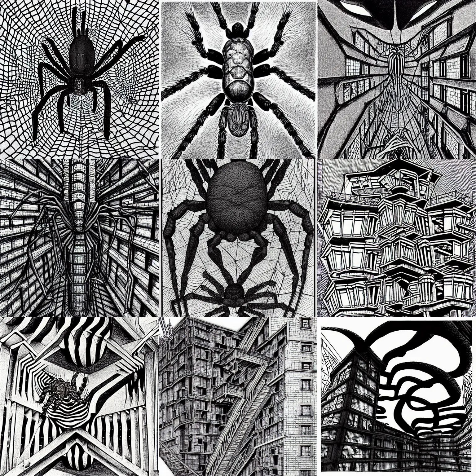 Prompt: “A giant creepy spider in MC Escher architecture, by Junji Ito”