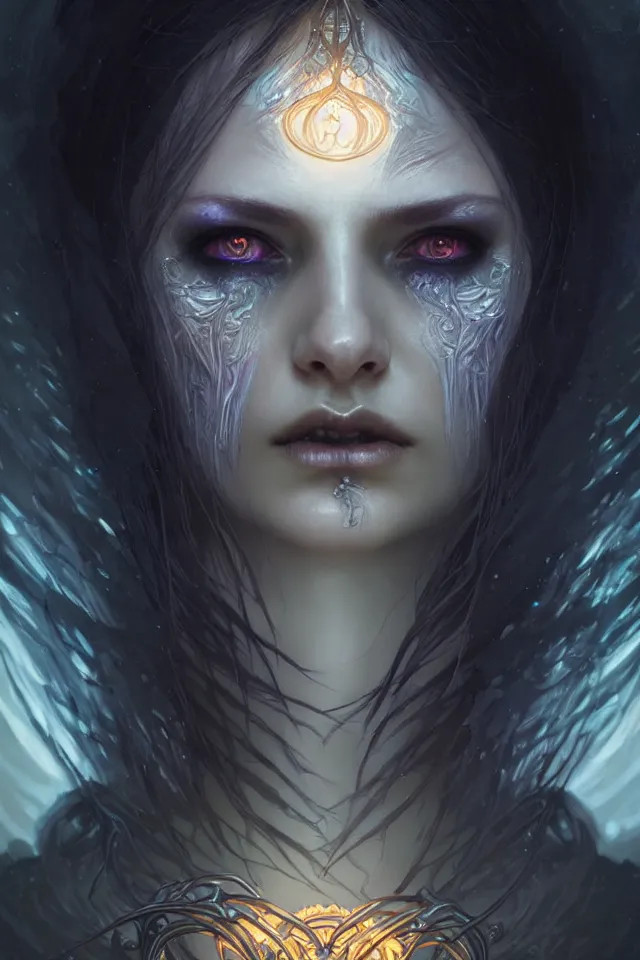 Image similar to Necromancer Sorceress face close-up macro in center, fantasy magic, undercut hairstyle, dark light night, intricate, elegant, sharp focus, illustration, highly detailed, digital painting, concept art, matte, art by WLOP and Artgerm and Greg Rutkowski and Alphonse Mucha, masterpiece