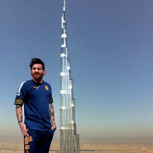 Image similar to Lionel Messi standing on top of Burj Khalifa