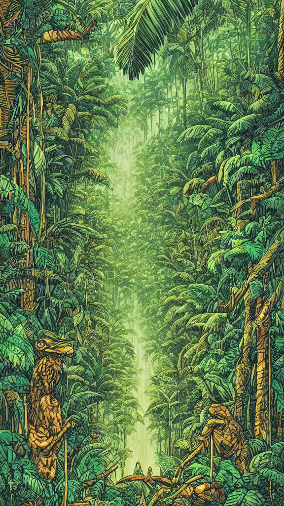 Prompt: a dense amazon rainforest jungle by dan mumford