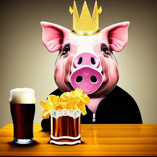 Image similar to realistic photo of a cute puppet pig wearing a gold crown drinking beer and eating a bowl pork rinds a table with a bib on, high quality, cinematic concept art