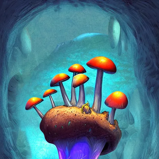Prompt: mushroom growing in a crystal cave, digital painting, surrealism, psychedelic