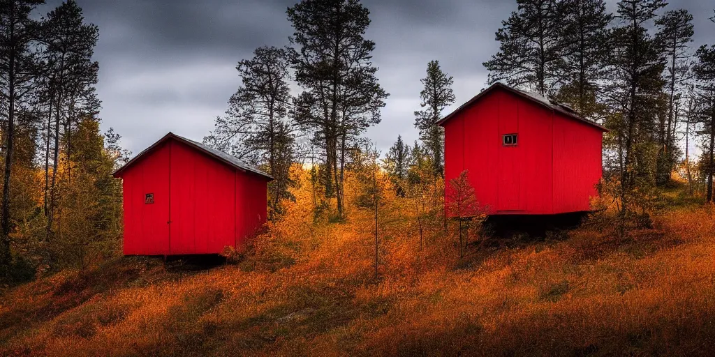 Prompt: stunning photo of landscape with an red cabin on a mountain by mikko lagerstedt