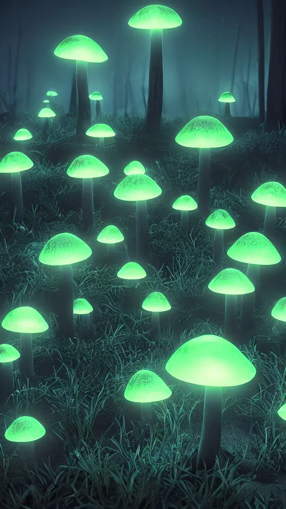 Image similar to “bioluminescent mushrooms, Artstation HQ, photorealistic, hiperrealistic, sharp focus, 4k UHD, Unreal Engine 5, cinematic shot, cinematic lightning, dark tones, high contrast, intricate, masterpiece”