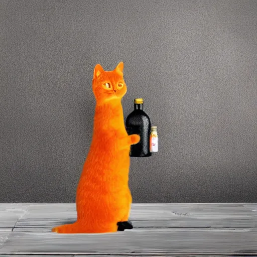 Prompt: a cat standing next to a bottle of medicine. the cat was orange in color and having fluffy fur. animal. digital art. pixabay. shutterstock.