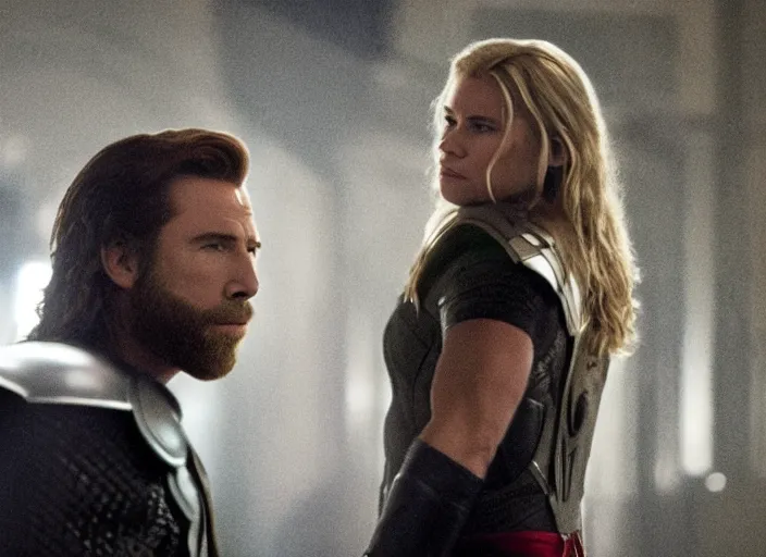 Image similar to movie still of john travolta as thor