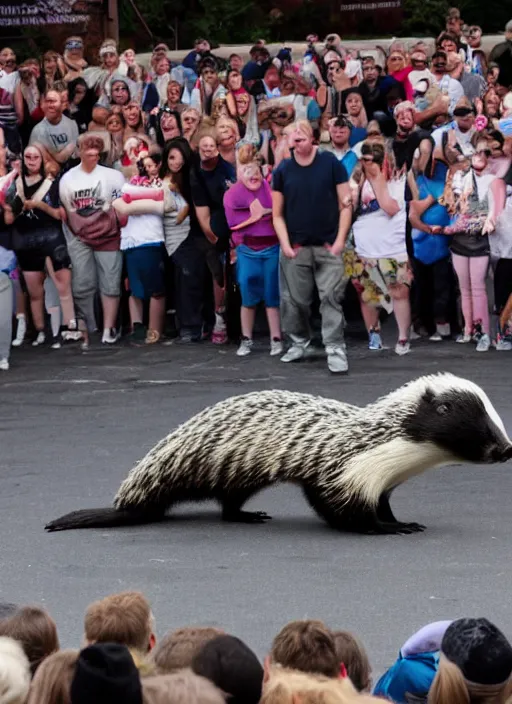 Image similar to a large audience watching a breakdancing badger on stage