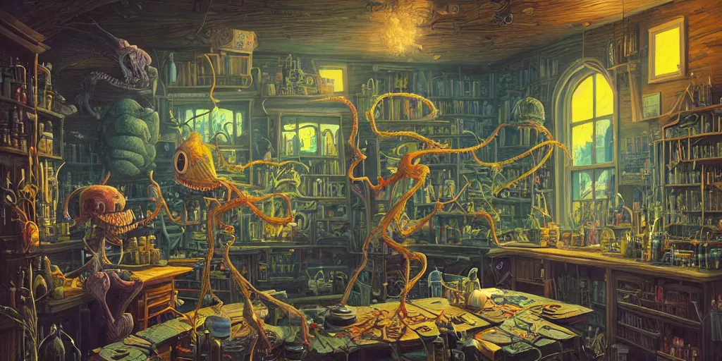 Prompt: a beautiful and highly detailed painting of an aaahh!!! Real Monsters apothecary by James Gurney and beeple | Unreal Engine: .4 | establishing shot | graphic novel, illustration: .5 | Tim White: .2