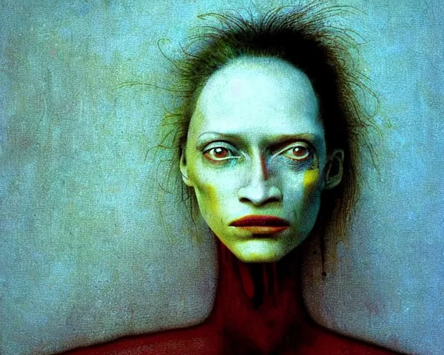 Prompt: by francis bacon, beksinski, mystical redscale photography evocative, full eyebrows lips, expressionism. kat dennings uma thurman christina hendricks tilda swinton