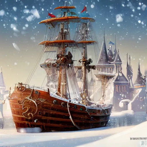 Image similar to beautiful 1600s ship frozen in the snow. Pixar Disney 4K 3d render funny animation movie Oscar winning trending on ArtStation and Behance. Ratatouille style.