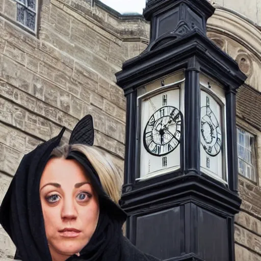 Image similar to A detailed film still of Kaley Cuoco under the Eastgate clock in Chester. Behind her we see a black panther. 70mm