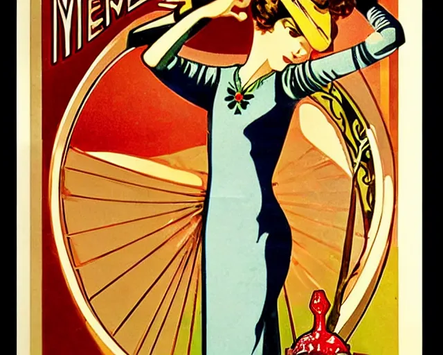 Image similar to art nouveau tin poster, dancer, melchizedek champagne bottle. cheerful, bright