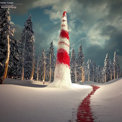 Prompt: a huge colorful candy cane topped with a little pure white snow. the candy is buried in the ground on the side of a serene foot path. there are snow flurries swirling in the air epic, awe inspiring, dramatic lighting, cinematic, extremely high detail, photorealistic, cinematic lighting, trending on artstation cgsociety rendered in unreal engine, 4 k, hq,