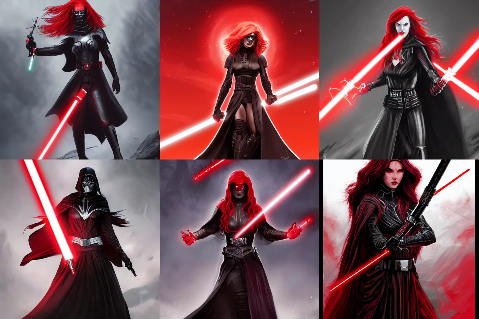 Prompt: beautiful female sith warrior, long flowing red hair, bright red eyes, smooth porcelain skin, full black sith robe, wielding a red lightsaber, on crait, in the style of the battle of crait, high constrast colors, red white and black, detailed, digital art, trending on artstation, in the style of batwoman elegy by jh williams iii, drawn by jh williams iii, extremely detailed, extremely realistic, 8k, unreal engine, sketch, gothic, shadowy