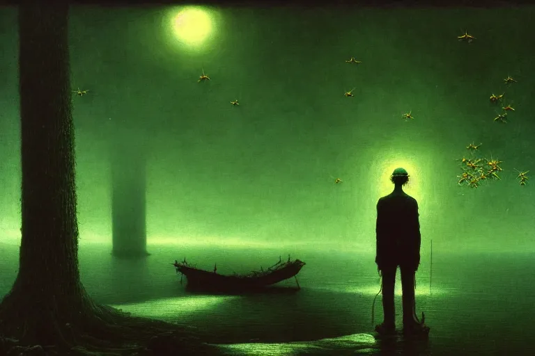 Image similar to man standing on the pier against flyflies and big trees, in the style of beksinski, solarpunk, atmospheric, clean, intricate and epic composition, green by caravaggio, insanely quality, highly detailed, masterpiece, blue light, artstation, 4 k