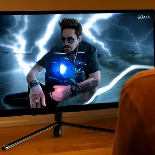 Prompt: robert downey jr. playing a game on his playstation 5 during a stormy night, photorealistic, cinematic lighting, highly detailed