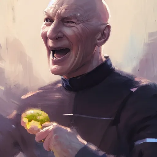 Image similar to captain picard screaming holding holding a potato, wadim kashin, illustration by wadim kashin, 4 k, artstation, concept art