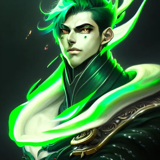 Prompt: a highly detailed portrait of a man with dark green hair and green glowing eyes, high detail clothing, fantasy, elegant, anime, digital painting, artstation, concept art, smooth, sharp focus, illustration, artbook, dynamic pose, splash art, promo art, soul caliber, art by artgerm and greg rutkowski and bo chen and jin xiaodi