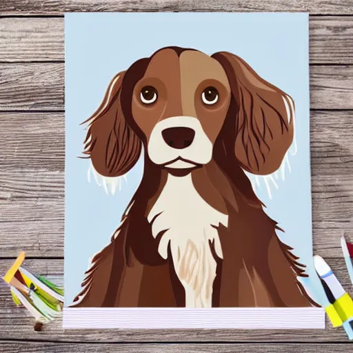 Image similar to cute brown spaniel by the seaside, parasols, bright towels, geometric, pop, lines, sketch, artwork